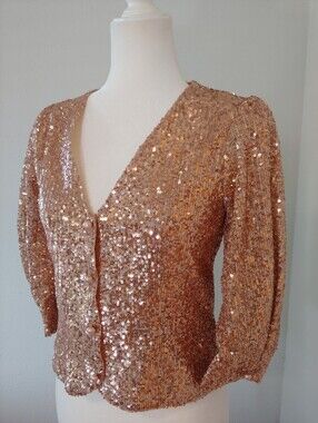 Maje Sequin Rose Gold Dress Top with Pearl Buttons size Euro 1 US 2 NWT